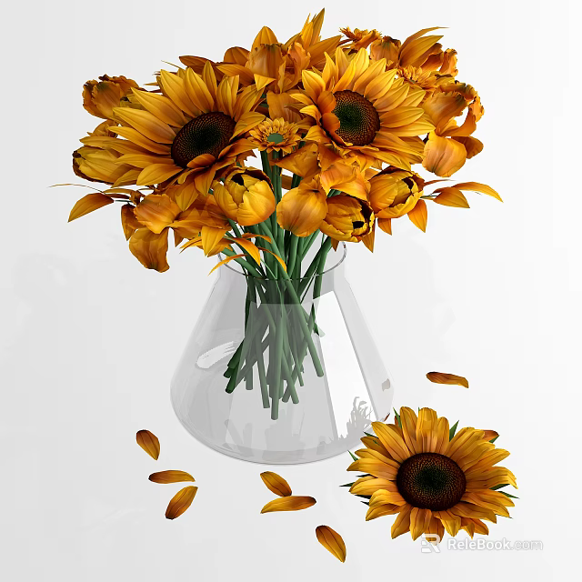 Transparent Glass Vase With Yellow Sunflowers Tulips And Scattered Petals 3d model 