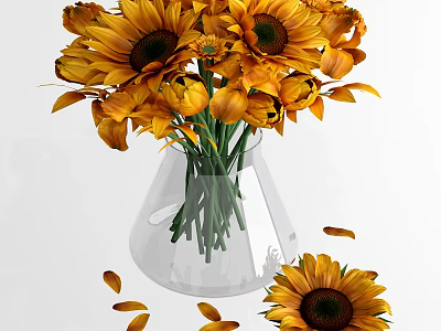 Transparent Glass Vase With Yellow Sunflowers Tulips And Scattered Petals 3d model