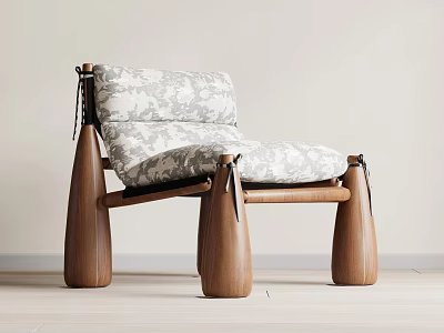 Modern Stylish Lounge Chair With Patterned Upholstered Cushion And Wooden Legs 3d model