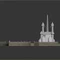 Ancient Castle Detailed Architectural Design With Tall Spire Towers And Red Courtyard Layout