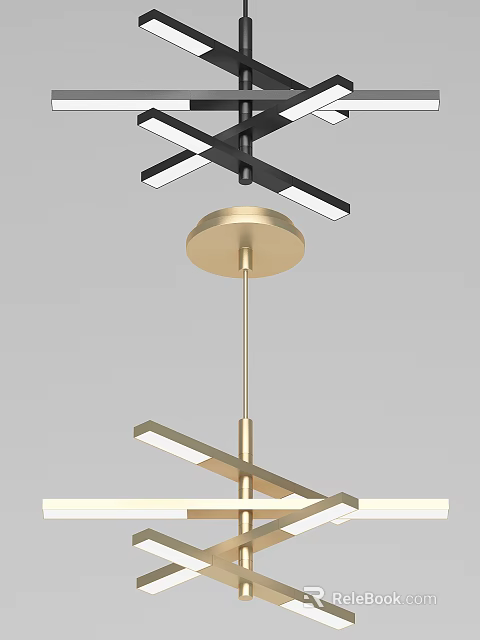 Modern Geometric Chandelier With Gold And Black Metal Bars Hanging Design 3d model 