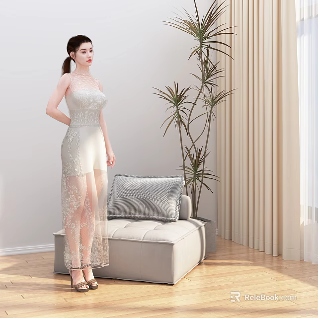 Woman In White Lace Dress Standing Near Grey Sofa With Pillow And Tall Plant In Bright Living Room 3d model 