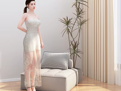 Woman In White Lace Dress Standing Near Grey Sofa With Pillow And Tall Plant In Bright Living Room 3d model