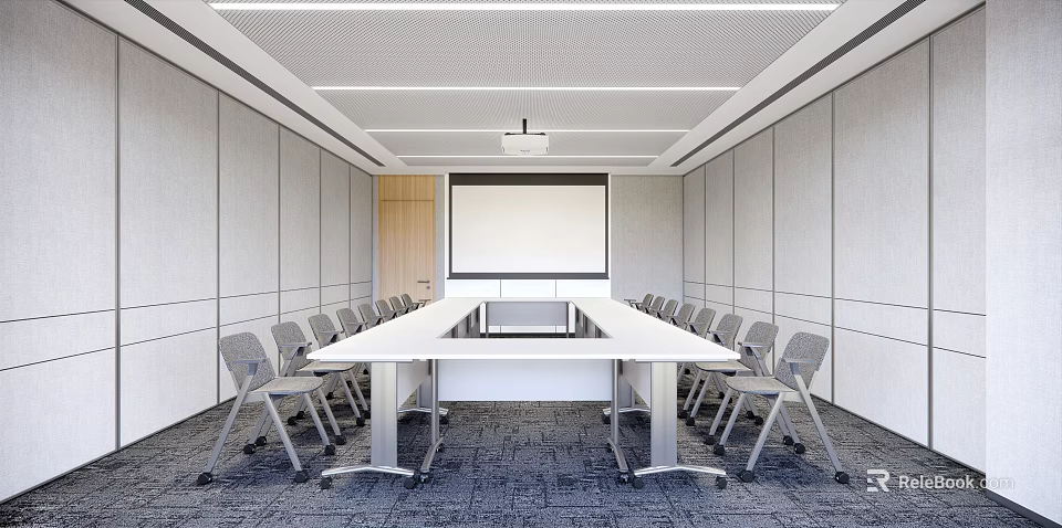Modern Conference Room Interior With Long Table Projection Screen Gray Walls And Chairs 3d model 