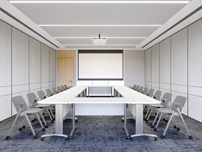 Modern Conference Room Interior With Long Table Projection Screen Gray Walls And Chairs 3d model