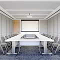 Modern Conference Room Interior With Long Table Projection Screen Gray Walls And Chairs