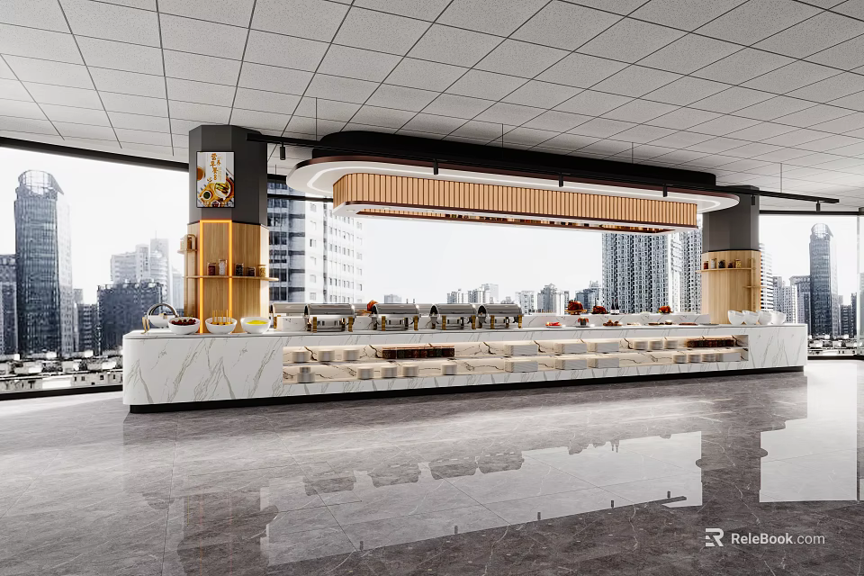 Elegant Modern Restaurant Interior With Open Layout Marble Bar And City View Windows 3d model