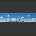 Cartoon Scene With Curved Bridge Tall Buildings Bus Boat Green Trees And Sky Reflections