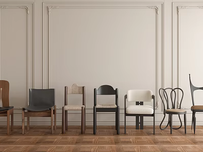 Various Styles of Dining Chairs Against Light Colored Walls With Decorative Moldings and Wooden Flooring 3d model