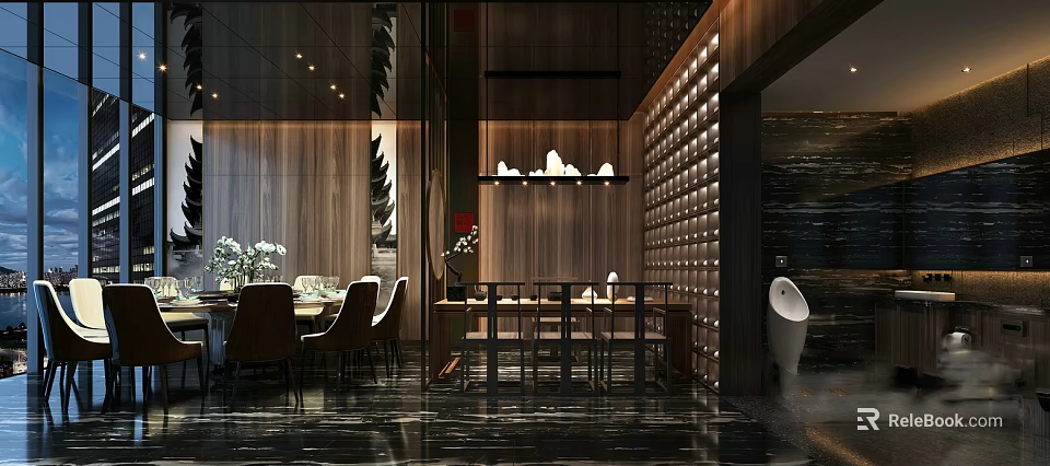 Modern Private Dining Room With Wooden Walls Dining Table And Pendant Lights 3d model 