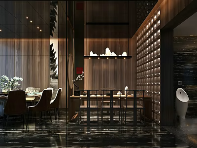 Modern Private Dining Room With Wooden Walls Dining Table And Pendant Lights 3d model