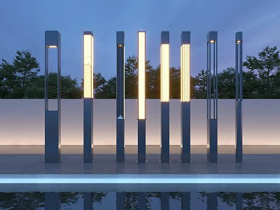 Neatly Arranged Modern Outdoor Lights With Metal Columns And White Glow By Evening Poolside 3d model