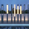 Neatly Arranged Modern Outdoor Lights With Metal Columns And White Glow By Evening Poolside