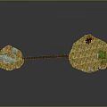 Floating Islands Connected by Wooden Bridge with Campfire Green Plants Stones and Water
