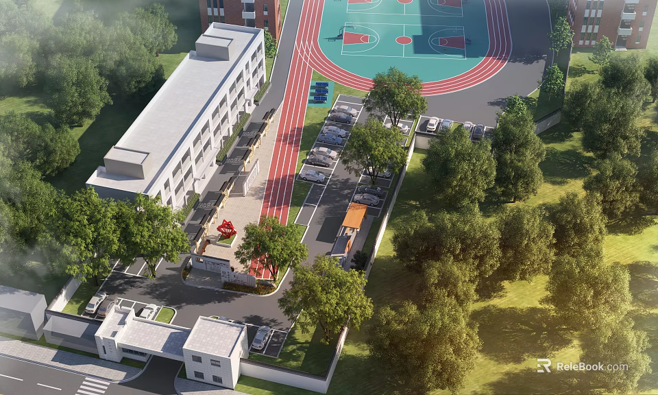 Modern School Building With Basketball Court Track Parking Lot And Lush Green Trees 3d model 