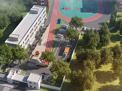 Modern School Building With Basketball Court Track Parking Lot And Lush Green Trees 3d model