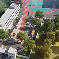 Modern School Building With Basketball Court Track Parking Lot And Lush Green Trees