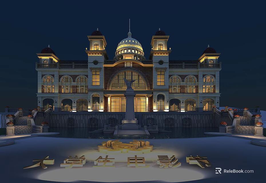 Historic Architecture Night View With Illuminated Dome Towers Pool And Steps 3d model 