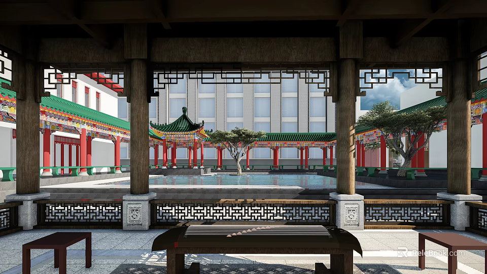 Ancient Architecture Traditional Courtyard With Green Roof And Carved Wooden Lattices 3d model 