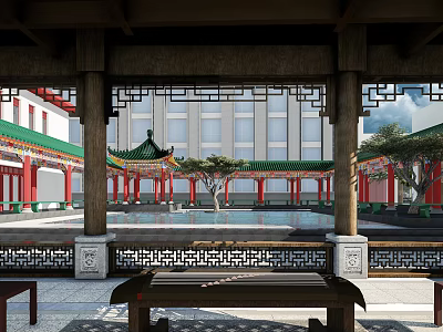 Ancient Architecture Traditional Courtyard With Green Roof And Carved Wooden Lattices 3d model