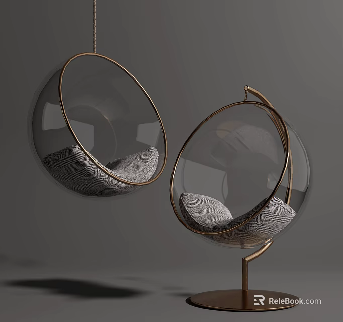 Modern Transparent Spherical Hanging Chairs With Metal Frame And Gray Padded Seat 3d model 