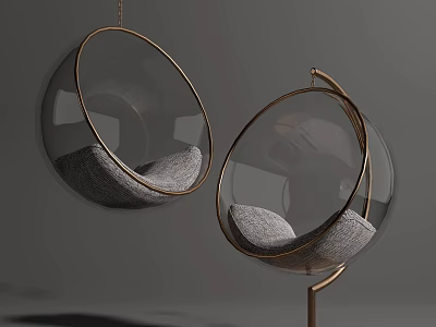 Modern Transparent Spherical Hanging Chairs With Metal Frame And Gray Padded Seat 3d model