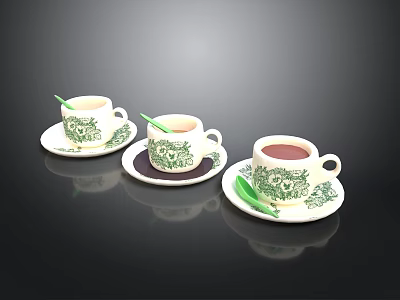 Decorative Ceramic Cups With Saucers Green Floral Patterns For Hot Beverages And Stirring Sticks 3d model