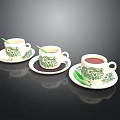 Decorative Ceramic Cups With Saucers Green Floral Patterns For Hot Beverages And Stirring Sticks