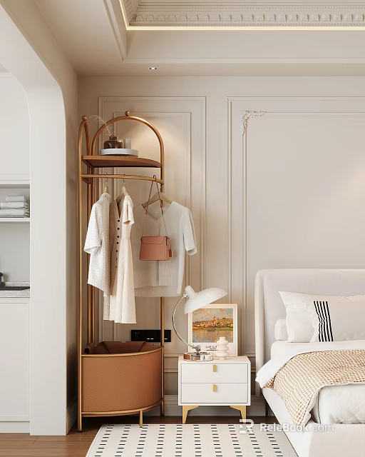 Bedroom Interior Design With Gold Clothes Rack Light Colored Clothes And Nightstand Table Lamp 3d model 