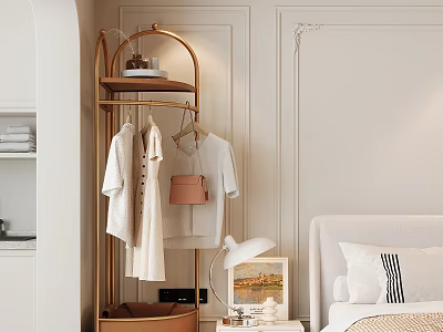 Bedroom Interior Design With Gold Clothes Rack Light Colored Clothes And Nightstand Table Lamp 3d model