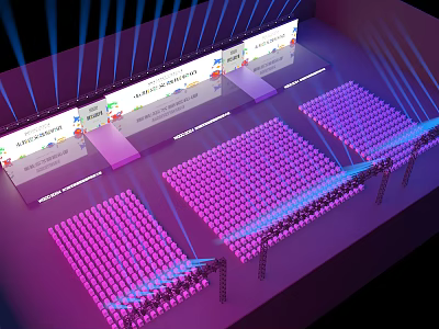 Modern Event Venue Setup With Purple Seats Stage Screens And Blue Lighting 3d model