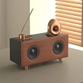 Modern Wooden Black Speaker With Dual Circular Speakers Golden Top Antenna And Window Blind Backdrop
