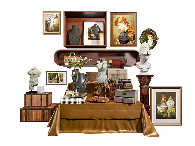 Exquisite Luxury Jewelry Pieces Display On Velvet Table With Framed Art And Sculptures 3d model