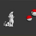 White Mythical Creature Sculpture on Green Circular Base with Floating Red and White Poké Balls