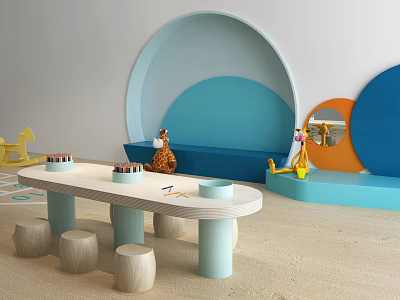 Playful Kids Table With Wooden Stools Curved Blue Walls Animal Toys And Orange Mirror 3d model