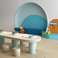 Playful Kids Table With Wooden Stools Curved Blue Walls Animal Toys And Orange Mirror
