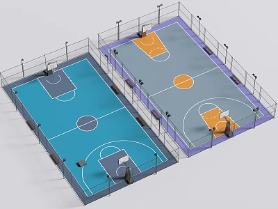 Indoor Basketball Court Facility With Two Courts Blue Gray Floors Hoops And Fencing 3d model