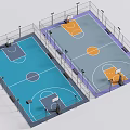 Indoor Basketball Court Facility With Two Courts Blue Gray Floors Hoops And Fencing