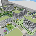 Modern Office Building Complex With Central Green Landscaping And Tall Skyscrapers