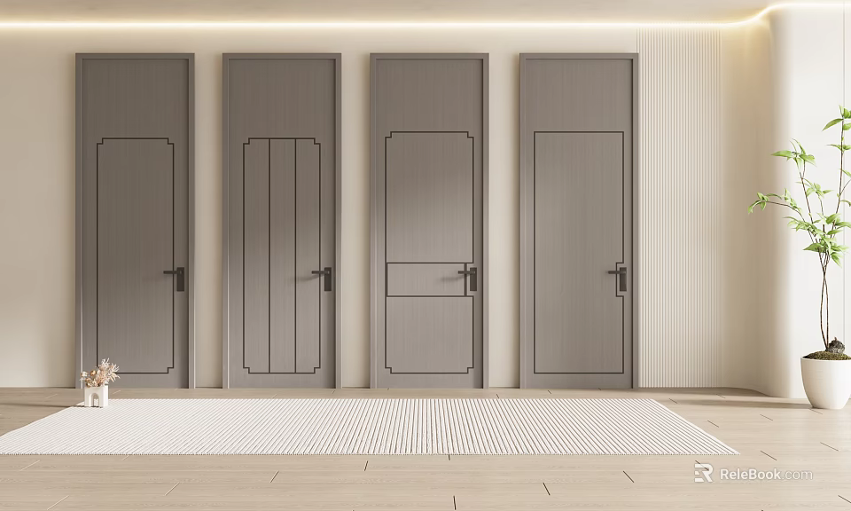Modern Gray Hinged Doors With Panel Designs For Home Interior Decoration 3d model