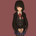 Anime School Girl Character With Black Hair Blue Plaid Skirt Red Tie And Red Background