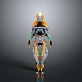 Futuristic Mechanical Humanoid With Cybernetic Armor And Orange Blue Gray Accents