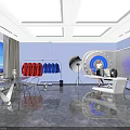 Public Office Space With Blue Walls Astronaut Models Ceiling Lights Moon Mural And Gear Decorations