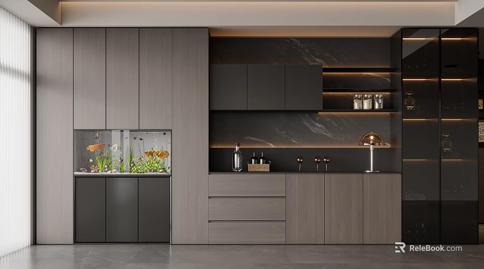 Modern Gray Sideboard with Marble Backsplash Shelves Jars Drawers Cabinets and Fish Tank 3d model 