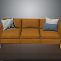 Modern Orange Sofa With White And Blue Cushions And Wooden Legs