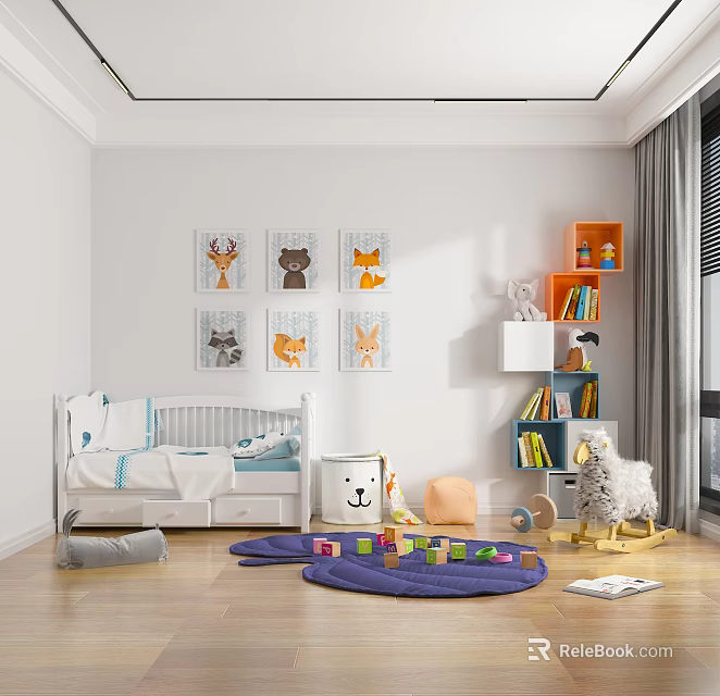 Kids Room Interior With White Crib Animal Posters Bookshelf Play Mat And Toys 3d model 