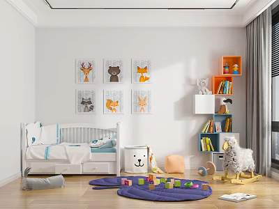 Kids Room Interior With White Crib Animal Posters Bookshelf Play Mat And Toys 3d model