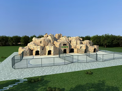 Scenic Park Landscape Featuring Stone Built Cave Like Structure Green Lawns Trees And Metal Fence 3d model