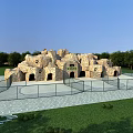 Scenic Park Landscape Featuring Stone Built Cave Like Structure Green Lawns Trees And Metal Fence