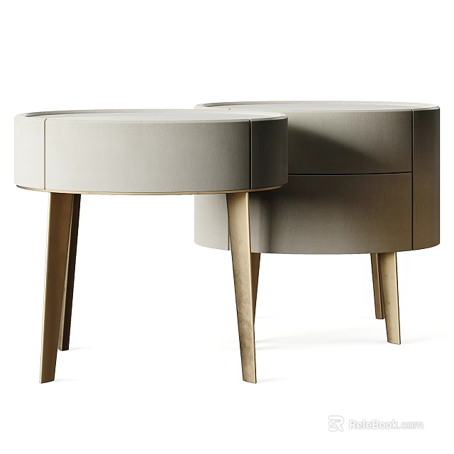 Modern Round Beige Bedside Table With Wooden Legs And Storage Drawers 3d model 
